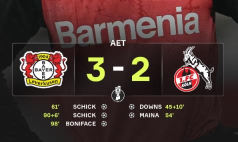 德國杯：希克雙響 勒沃庫森加時(shí)3-2逆轉(zhuǎn)科隆晉級