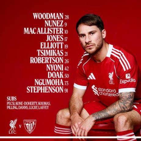 利物浦vs畢巴首發：努涅斯、麥卡先發，羅伯遜、恩古莫哈出戰